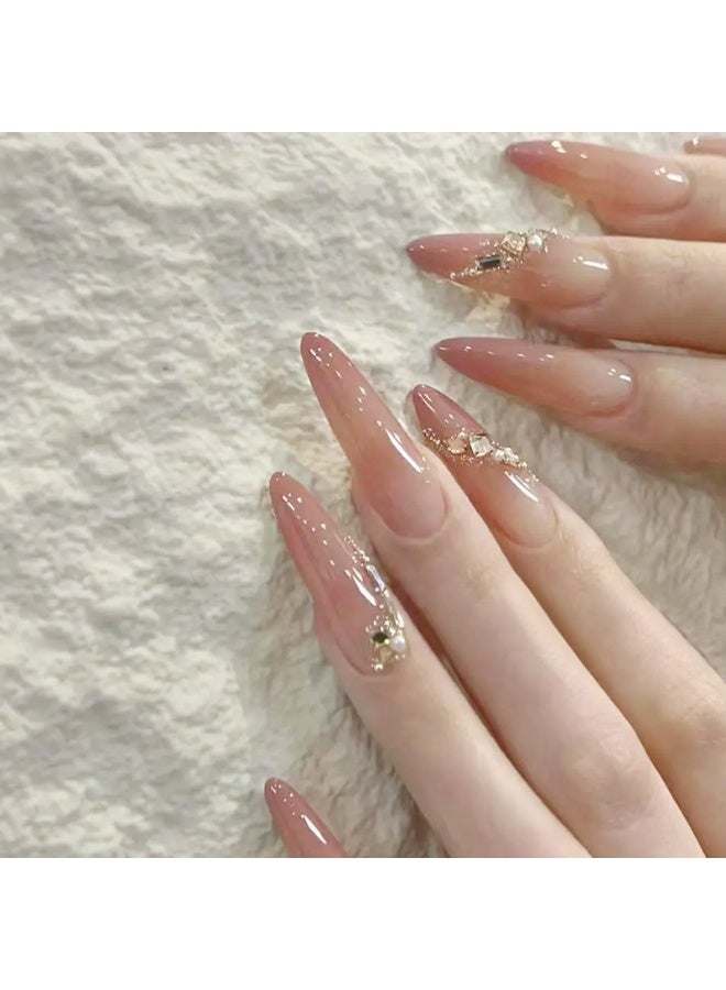 أظافر صناعية فاخرة سهلة التركيب - مجموعة قابلة لإعادة الاستخدام مكونة من 24 قطعة - أظافر صناعية طويلة بلون اللوز الوردي المتدرج مع لآلئ وكريستال - أظافر صناعية لامعة قابلة لإعادة الاستخدام - مظهر صالونات التجميل في المنزل - Image 1